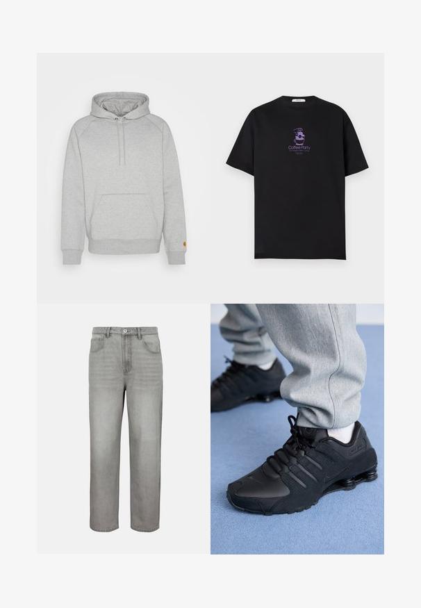 Grijze hoodie met een buidelzak, ribgebreide manchetten en onderkant, voorzien van een logopatch op de linker mouw. Zachte stofstructuur.; Zwart T-shirt met korte mouwen en een paarse afbeelding van een koffiekopje en de tekst "Coffee Party Life begins after coffee" op de borst.; Lichtgrijze jeans met rechte pijpen, voorzien van een knoopsluiting aan de voorkant, rits, riemlussen en zakken aan de voor- en achterkant, op een effen achtergrond.; Persoon in zwarte Nike Shox sneakers en een grijze joggingbroek staand op een lichtblauw tapijt.