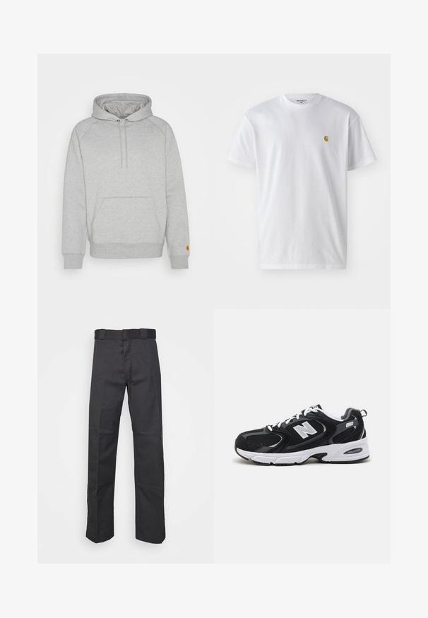 Grijze hoodie met een buidelzak, ribgebreide manchetten en onderkant, voorzien van een logopatch op de linker mouw. Zachte stofstructuur.; Witte katoenen t-shirt met korte mouwen en ronde hals, voorzien van een klein gouden logo op de linkerkant van de borst. Zachte textuur en een normale pasvorm.; Zwarte broek van duurzaam materiaal, met een rechte pijpdesign, een tailleband met riemlussen en naden voor extra textuur.; Zwarte en grijze sport schoenen met een bovenwerk van mesh en suede, voorzien van een witte tussenzool, veters en een gedurfde "N"-logo aan de zijkant.