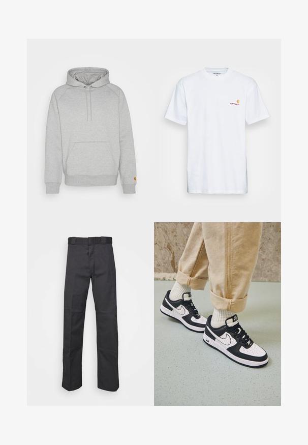 Grijze hoodie met een buidelzak, ribgebreide manchetten en onderkant, voorzien van een logopatch op de linker mouw. Zachte stofstructuur.; Witte katoenen t-shirt met korte mouwen. Ontworpen met een klein oranje en kastanjebruin logo op de linkerkant van de borst. Heeft een klassieke ronde hals.; Zwarte broek van duurzaam materiaal, met een rechte pijpdesign, een tailleband met riemlussen en naden voor extra textuur.; Zwart-witte Nike Air Force 1 sneakers met een leren bovenwerk, geperforeerde neus en gestructureerde zooldetails, gedragen met opgerolde beige broek en witte sokken.