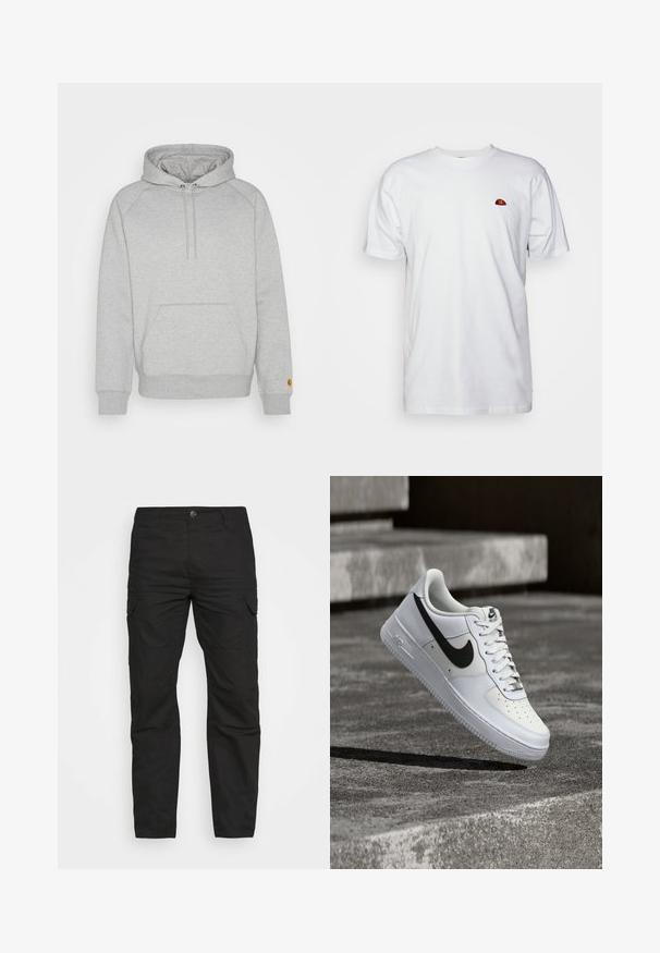 Grijze hoodie met een buidelzak, ribgebreide manchetten en onderkant, voorzien van een logopatch op de linker mouw. Zachte stofstructuur.; Witte katoenen t-shirt met een klein, geborduurd multicolor logo op de linkerkant van de borst, met een klassieke ronde halslijn en korte mouwen.; Zwarte cargo broek met een rechte pijp, meerdere zakken en een knoopsluiting, gemaakt van duurzame katoenen stof.; Witte Nike Air Force 1 sneaker met zwarte swoosh, veters gestrikt, zwevend in de lucht boven een gestructureerd betonnen oppervlak buiten.