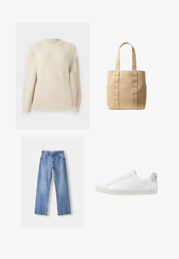Pull en maille épaisse crème avec un col rond, des manches prolongées et une finition texturée. Présente un léger côte et une coupe décontractée.; Jean en denim bleu clair avec une coupe droite, comportant cinq poches, une fermeture à bouton sur le devant, et un léger délavage pour ajouter de la texture.; Baskets en cuir blanc avec une semelle en caoutchouc texturée et blanc cassé. Les caractéristiques incluent des lacets, des coutures discrètes et un accent en daim gris au niveau du talon.; Sac cabas en toile beige Calvin Klein avec deux longues anses, broderie verticales du nom de la marque sur les bretelles avant, et poches latérales.