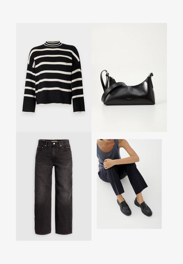 Pull en tricot avec un col haut, présentant des rayures horizontales noires et blanches alternées, une longueur cropped et des manches larges.; Levi's® BAGGY DAD - Jean baggy - shrink up; Mocassins en cuir noir avec accents texturés, talon bas, bout arrondi, et coutures visibles. Modèle portant un pantalon sombre et un haut gris.; Sac à main en cuir noir avec une texture lisse. Dispose d'une bandoulière adjustable et d'un design élégant et minimaliste avec une fermeture éclair.