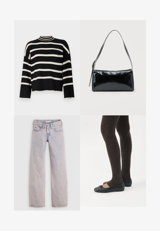 Pull en tricot avec un col haut, présentant des rayures horizontales noires et blanches alternées, une longueur cropped et des manches larges.; Jean en denim délavé clair avec une coupe droite, comprenant un design à cinq poches, une fermeture à double bouton et un délavage minimal.; Jambes portant des leggings côtelés foncés associés à des ballerines noires avec de petits détails en nœud sur fond blanc.; Sac d'épaule rectangulaire noir avec une sangle réglable unique et une fermeture éclair supérieure sur un fond uni.