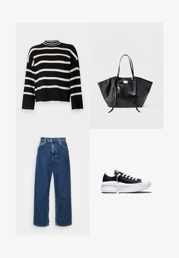 Pull en tricot avec un col haut, présentant des rayures horizontales noires et blanches alternées, une longueur cropped et des manches larges.; Jean large en denim bleu clair avec taille haute, coutures visibles et poches standard. Fermeture à bouton et zip.; Baskets basses en toile noire avec des lacets blancs et une semelle épaisse en caoutchouc blanc multi-couches sur fond blanc.; Sac fourre-tout noir avec texture crocodile, deux longues poignées et une petite fermeture rectangulaire dorée à l'avant.