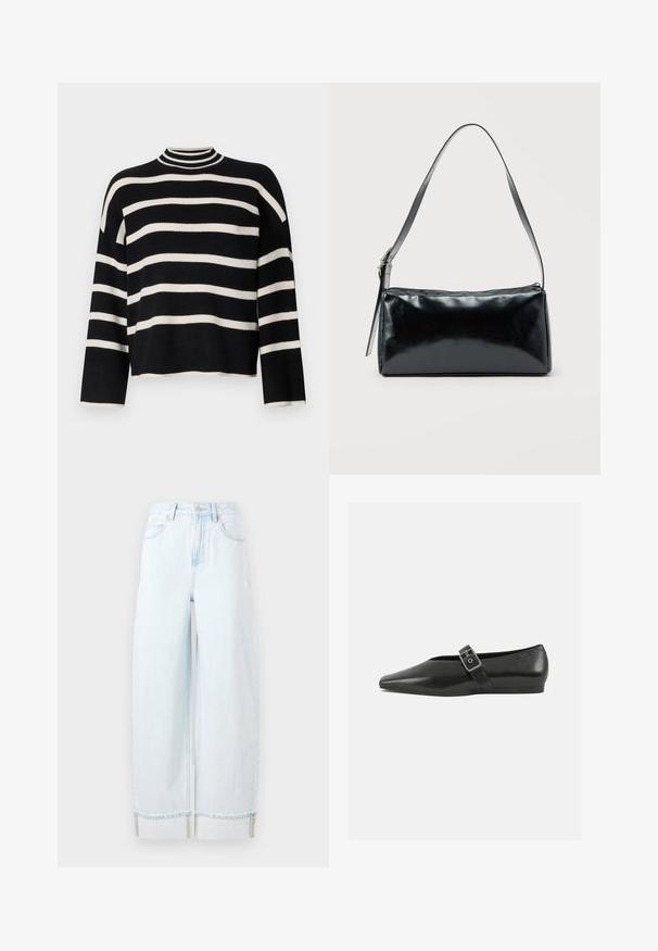 Pull en tricot avec un col haut, présentant des rayures horizontales noires et blanches alternées, une longueur cropped et des manches larges.; Jean large en denim bleu clair, doté d'une taille haute, de poches avant et d'un ourlet roulé avec des accents de couture visibles.; Chaussure plate en cuir noir avec un orteil pointu, présentant une sangle à boucle métallique sur le cou-de-pied et une semelle basse et flexible.; Sac d'épaule rectangulaire noir avec une sangle réglable unique et une fermeture éclair supérieure sur un fond uni.