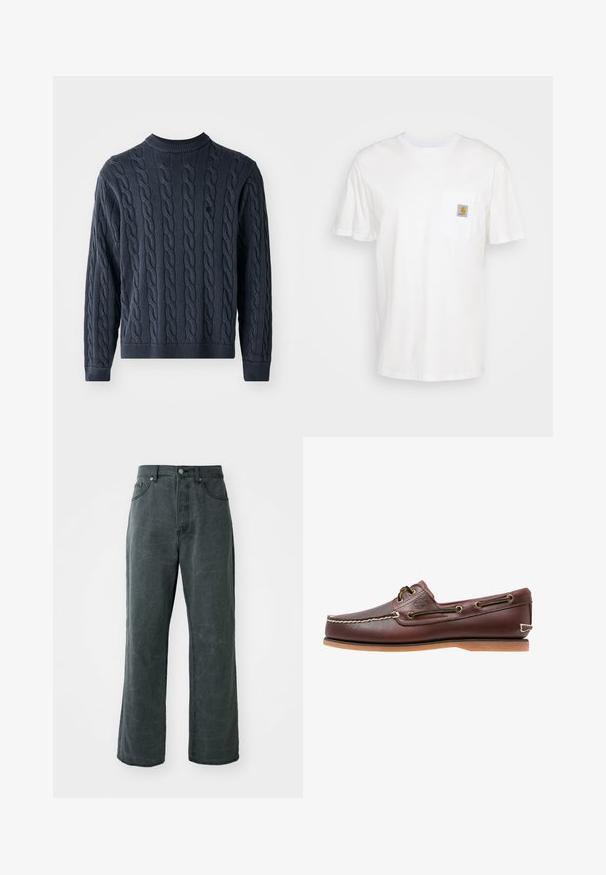 Pull en laine bleu marine tricoté avec un motif en câble, col ras du cou, et poignets et ourlet côtelés. Confectionné dans un tissu texturé pour plus de chaleur.; T-shirt en coton blanc à manches courtes, avec une poche poitrine et un petit patch logo carré en orange et blanc sur la poche.; Jean en denim gris foncé à jambes larges, doté d'une taille haute, d'un design à cinq poches et d'une texture légèrement délavée.; Chaussure bateau en cuir marron avec coutures blanches, détails de lacets et semelle en caoutchouc beige, vue de côté sur fond blanc.