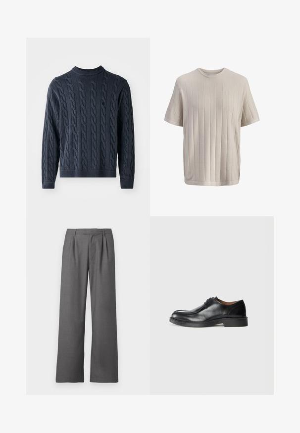 Mørkeblå striktrøje med et kabelmønster, rund halsudskæring og ribbede manchetter og kant. Fremstillet af tekstureret stof for varme.; Beige kortærmet strikket sweater med lodret ribbet struktur og rund hals, vist på ensfarvet hvid baggrund.; Grå vide benbukser lavet af glat stof, med en plisseret front, sidelommer og en skrædderlavet talje med bæltestropper.; Sorte lædersko med rund tå, glat overflade, snøre detaljer og en lav, tekstureret gummisål. Rene linjer og minimalistisk design.