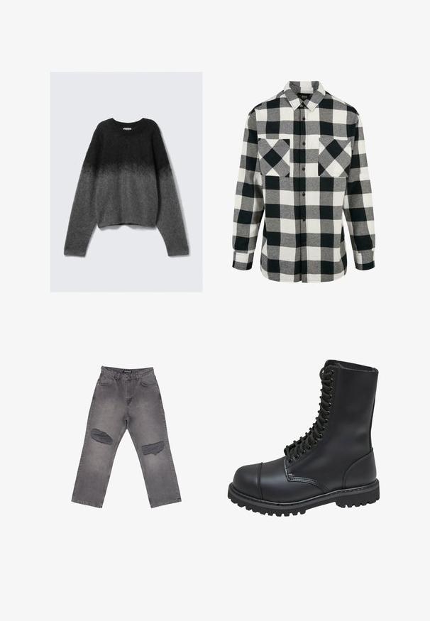 Pull en laine avec un col rond, fabriqué dans un tissu doux et duveteux. Présente un dégradé de gris foncé à gris clair, avec de longues manches.; Chemise en flanelle noir et blanc avec un grand motif à carreaux, manches longues, patte de boutonnage à l'avant et deux poches poitrine. Fabriquée en tissu doux.; Jean denim gris taille haute avec jambes larges et grandes zones abîmées sur les deux genoux, avec poches avant et passants pour ceinture.; Botte de combat en cuir noir avec un haut tige, fermeture lacée à l'avant, col rembourré et semelle texturée robuste pour une meilleure adhérence. Dotée d'un capuchon de protection renforcé.