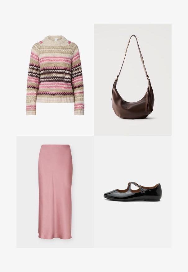 Pull en tricot de couleur crème, rose et marron avec un col rond, des rayures horizontales et des motifs texturés sur l'ensemble. Poignets et ourlet côtelés.; Jupe midi en satin rose mauve taille haute avec une silhouette lisse, légèrement évasée et un ourlet droit.; Chaussure plate Mary Jane en cuir verni noir avec deux découpes et une bride à boucle dorée sur fond blanc.; Sac à bandoulière en cuir marron avec des clous dorés sur la sangle et un gland en cuir sur la fermeture éclair, présenté sur un fond uni.