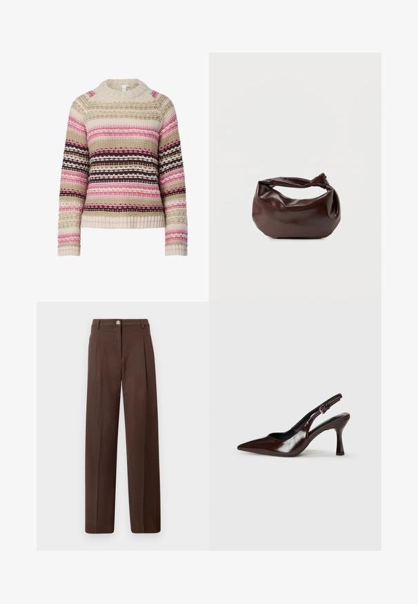 Strikket sweater i cremet, pink og brun med rund hals, vandrette striber og teksturerede mønstre overalt. Ribstrikkede manchetter og søm.; Brune bukser med højtaljede, lige ben, frontknap, lynlås, bæltestropper og sidelommer mod en neutral baggrund.; Brune patenterede læderslingback-sandaletter med spids tå, en tynd hæl og justerbar rem med en lille spænde.; Mørkebrun læder skuldertaske med en blød, afslappet form og et snoet knudehåndtag på en ensartet hvid baggrund.