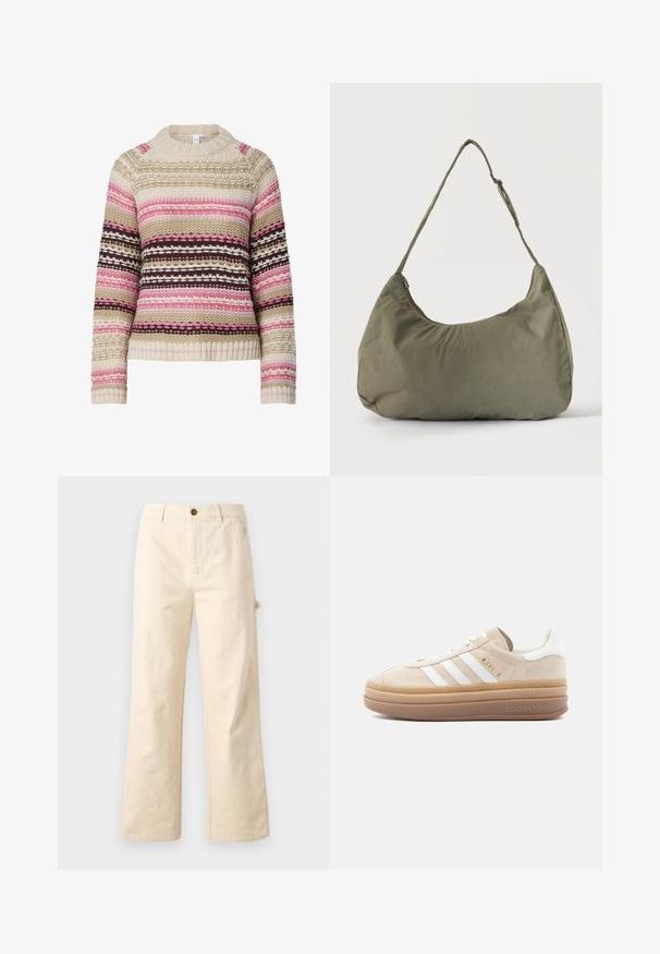 Strikket sweater i cremet, pink og brun med rund hals, vandrette striber og teksturerede mønstre overalt. Ribstrikkede manchetter og søm.; Bredde-beige bukser lavet af bomuld med knaplukning, udstyret med sidelommer og et rent, minimalistisk design.; Beige ruskindsneaker med hvide læderdetaljer, der har tre hvide striber, et gyldent logo og en tyk, gennemsigtig gummisål.; Skuldertaske i blødt olivengrønt stof med lynlås og justerbar rem på ensfarvet, lyst baggrund.