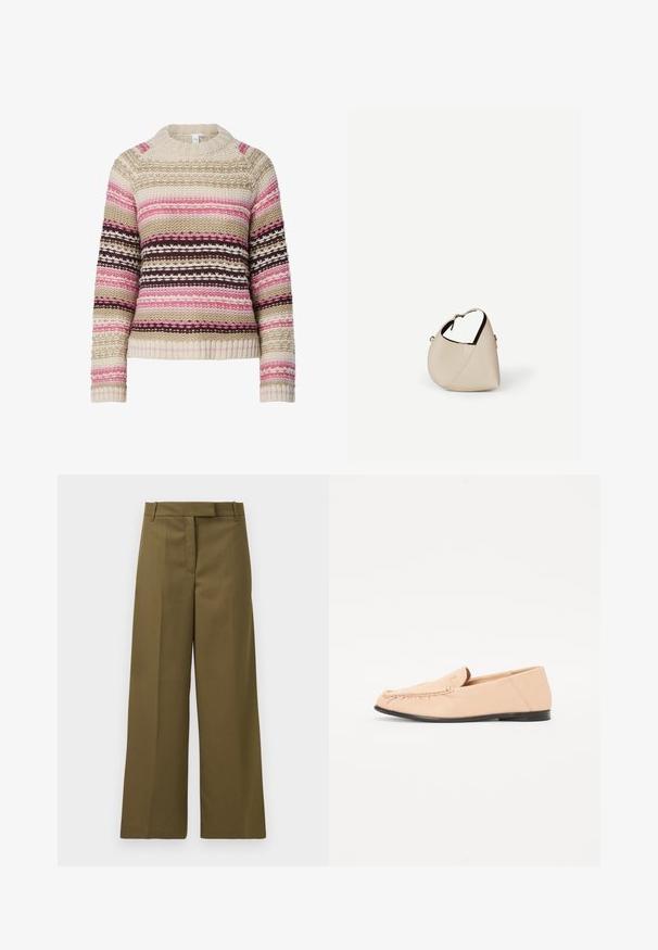 Strikket sweater i cremet, pink og brun med rund hals, vandrette striber og teksturerede mønstre overalt. Ribstrikkede manchetter og søm.; Olivenfarvede bukser med vidde i benene i struktureret stof, med flad front, bæltestropper og sidelommer, der har en skræddersyet pasform og rene linjer.; Beige læder loafers med syet detaljer, en flad sort sål og en rund tå. Minimalistisk design uden fremtrædende hardware eller accenter.; Beige læder håndtaske i halvmåneform med en enkelt skulderrem og minimal syning, sat mod en ensartet hvid baggrund.