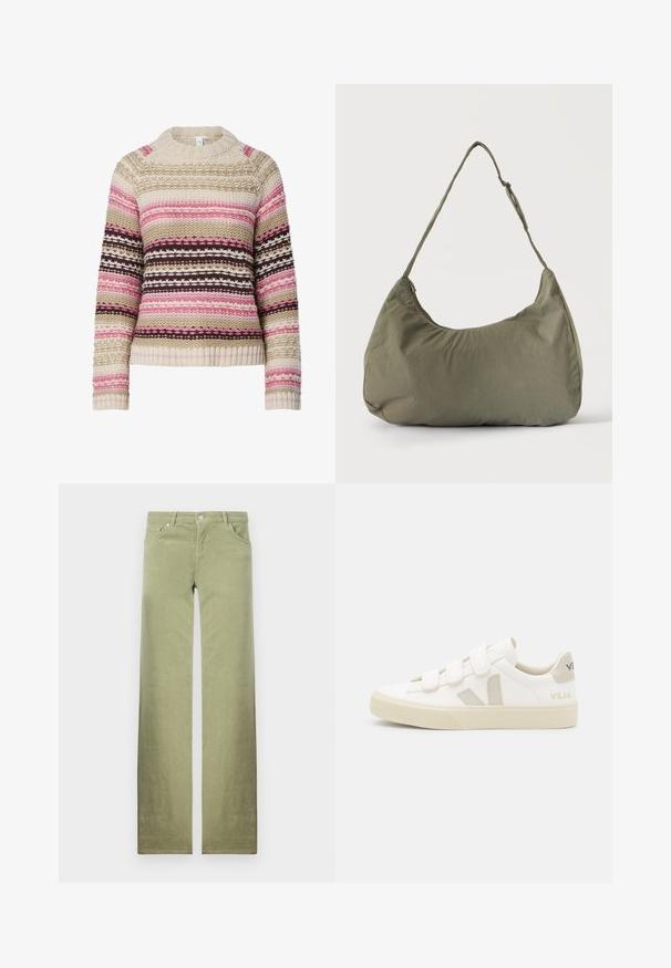 Strikket sweater i cremet, pink og brun med rund hals, vandrette striber og teksturerede mønstre overalt. Ribstrikkede manchetter og søm.; Grønne bomuldsbukser med lige ben, der har frontlommer, knaplukning og en ren, struktureret stoffinish.; Hvide sneakers med velcro-remme, suede detaljer i beige, struktureret gummisål og V-logo i grå. Minimalistisk design, afrundet form.; Skuldertaske i blødt olivengrønt stof med lynlås og justerbar rem på ensfarvet, lyst baggrund.