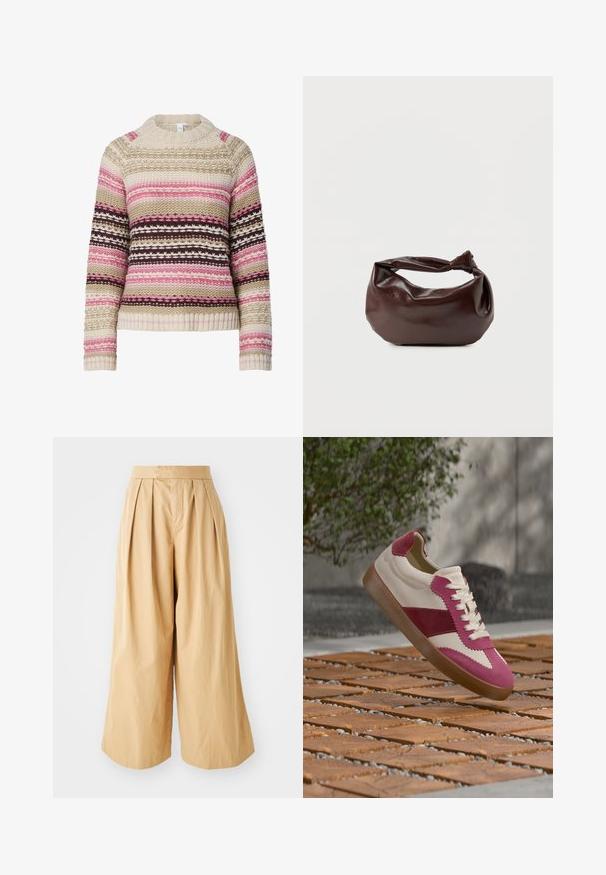 Strikket sweater i cremet, pink og brun med rund hals, vandrette striber og teksturerede mønstre overalt. Ribstrikkede manchetter og søm.; Beige bredde bukser med høj talje, der har frontfolder og et glat, tekstureret bomuldsstof.; Hvid og pink sneaker med gummisål, snørebånd bundet, svævende over en træ- og stenfliset gulv udendørs.; Mørkebrun læder skuldertaske med en blød, afslappet form og et snoet knudehåndtag på en ensartet hvid baggrund.
