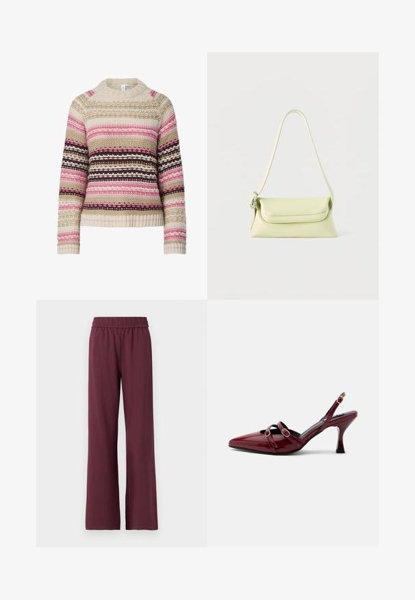 Pull en tricot de couleur crème, rose et marron avec un col rond, des rayures horizontales et des motifs texturés sur l'ensemble. Poignets et ourlet côtelés.; Pantalons larges bordeaux avec une taille élastique, fabriqués en tissu doux, avec une texture lisse et une coupe décontractée.; Escarpin slingback bordeaux brillant à bout pointu avec deux fines brides et petites boucles dorées à l'avant et à la cheville.; Sac à main en cuir vert clair avec une seule bandoulière et une fermeture à rabat, présenté sur un fond blanc.