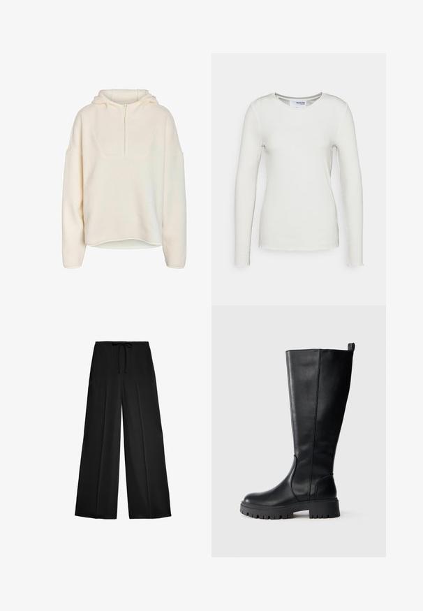 Noisy May Half-Zip Fleece NMCOZY - Suéter de forro polar - eggnog; Camiseta ajustada de manga larga blanca de canalé con un escote redondo, que presenta detalles de dobladillo sin rematar y una silueta ceñida. Fabricada con un tejido suave.; Pantalones de pierna ancha negros, confeccionados en una tela suave, con una cintura ajustable mediante cordón y pliegues frontales para un detalle adicional.; Bota de cuero negra hasta la rodilla con punta redondeada, suela de goma resistente y detalles de costura sutil. Cuenta con una lengüeta en la parte superior para facilitar su uso.