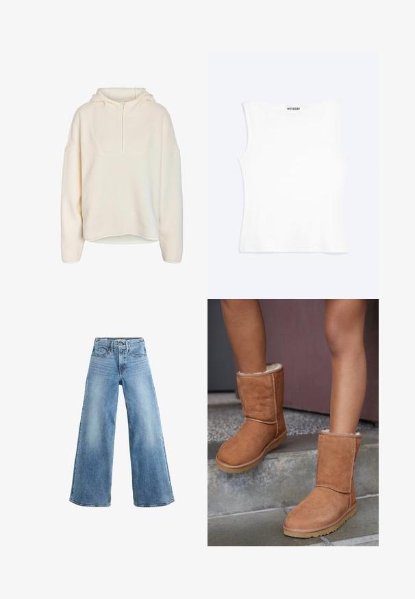 Noisy May Half-Zip Fleece NMCOZY - Suéter de forro polar - eggnog; Camiseta sin mangas blanca ajustada con escote redondo y diseño minimalista, etiquetada como "WEEKDAY" en el interior del cuello.; Levi's® 728 HR WIDE LEG HEADWINDS AHEAD. - Pernera ancha - headwinds ahead; Botas de tobillo de ante marrón con punta redonda, forro suave y suela de goma, con detalles de costura visibles a lo largo de las costuras.