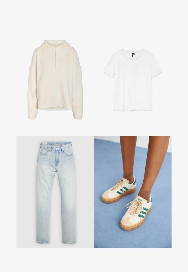 Noisy May Half-Zip Fleece NMCOZY - Suéter de forro polar - eggnog; Camiseta blanca de manga corta con un cuello redondo, hecha de tejido ligero. Diseño simple, textura suave y dobladillo recto.; Vaqueros de mezclilla azul claro con diseño de pierna recta, estilo de cinco bolsillos y un acabado ligeramente desteñido. Cierre con botón y cremallera.; Zapatillas color beige con rayas verde oscuro, suela de goma, parte superior de ante y textil, y accesorios en color neutro, acompañadas de calcetines marrones sobre una superficie azul clara.