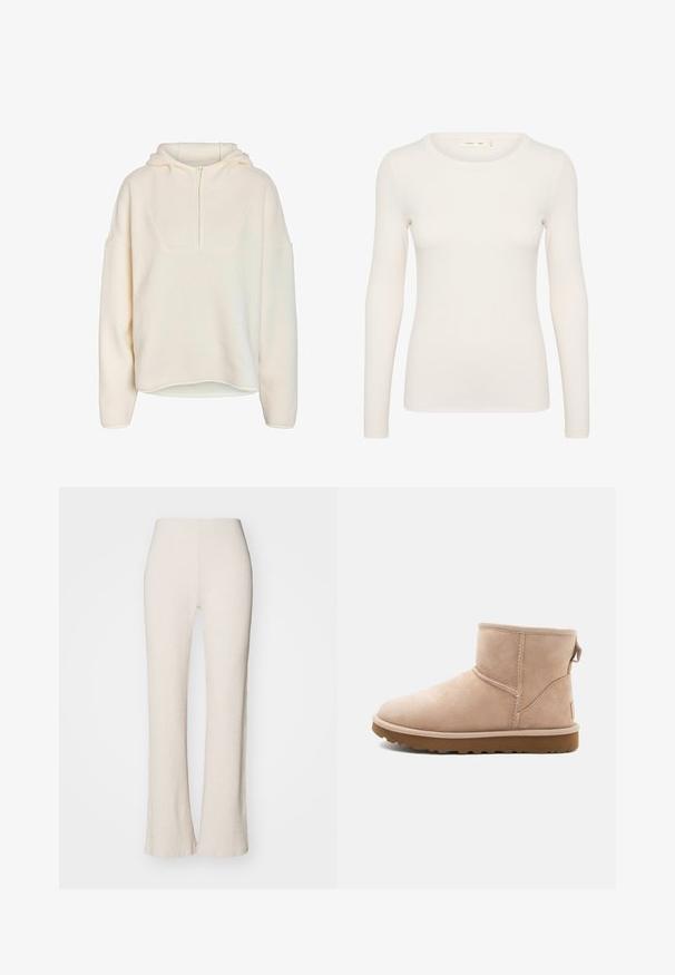 Noisy May Half-Zip Fleece NMCOZY - Suéter de forro polar - eggnog; Blusa de manga larga color crema con escote redondo y un diseño ajustado. Confeccionada en una tela suave y elástica con una textura lisa.; Pantalones de punto acanalado en crema con un diseño de pierna acampanada, que presentan una cintura alta y una textura suave. La tela parece elástica y suave.; Botín de ante beige con punta redonda, acentos cosidos y suela de goma marrón texturizada. Presenta una pestaña en la parte trasera.