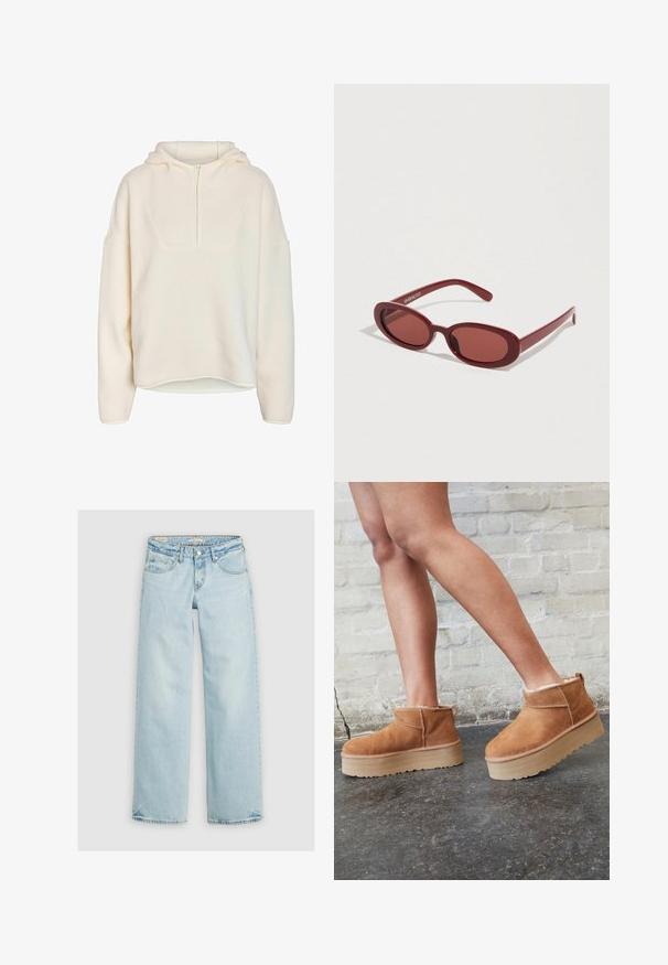 Noisy May Half-Zip Fleece NMCOZY - Suéter de forro polar - eggnog; Jeans de pierna ancha de color azul claro, hechos de mezclilla. Presentan un estilo clásico de cinco bolsillos, cierre con botón y detalles de costura en los bolsillos.; Botas de tobillo de ante marrón con forro suave, suela de plataforma gruesa beige y una lengüeta trasera. Superficie texturizada con detalles de costura visibles.; Gafas de sol ovaladas rojas con lentes semitransparentes y una montura de plástico lisa. Las varillas son delgadas y cuentan con un logo blanco.