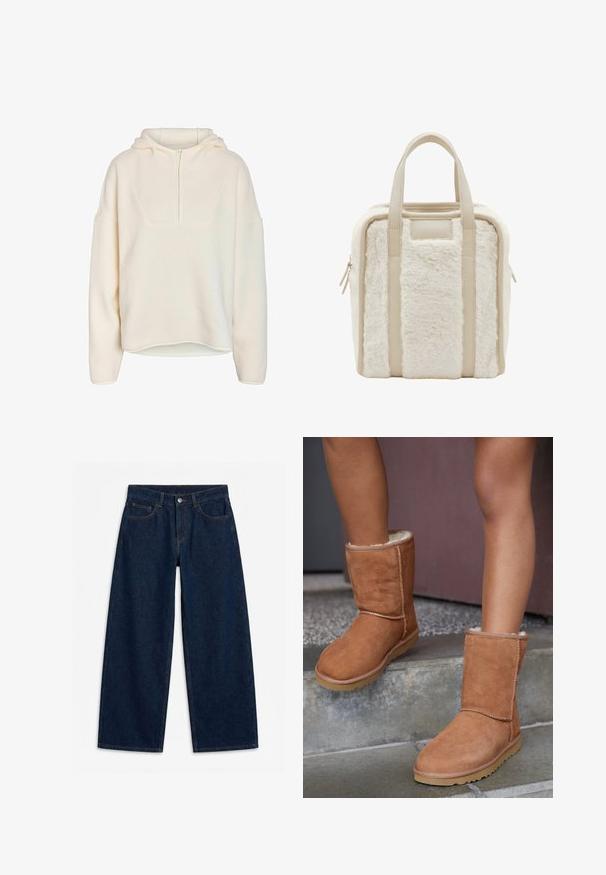 Noisy May Half-Zip Fleece NMCOZY - Suéter de forro polar - eggnog; Vaqueros denim azul oscuro de pierna ancha con botón delantero y cremallera, trabillas para cinturón y diseño de cinco bolsillos, colocados planos sobre un fondo blanco.; Botas de tobillo de ante marrón con punta redonda, forro suave y suela de goma, con detalles de costura visibles a lo largo de las costuras.; Bolso de mano color crema con correas verticales de cuero y paneles de tela suave y aterciopelada, con dos asas y cierre de cremallera en los lados.
