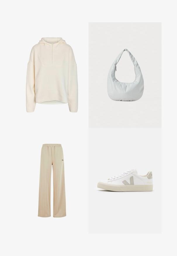 Noisy May Half-Zip Fleece NMCOZY - Suéter de forro polar - eggnog; Pantalones de pierna ancha beige, fabricados en un tejido suave con cintura elástica y detalles en las costuras laterales. Presentan un sutil bordado del logo.; Zapatillas blancas de cuero con acentos en gris del logo V, suela de goma texturizada, cordones blancos y lengüeta y collar acolchados.; Bolso hobo suave y de color gris claro, hecho de material sintético. Cuenta con un asa acolchada y un compartimento con cremallera en el lateral.
