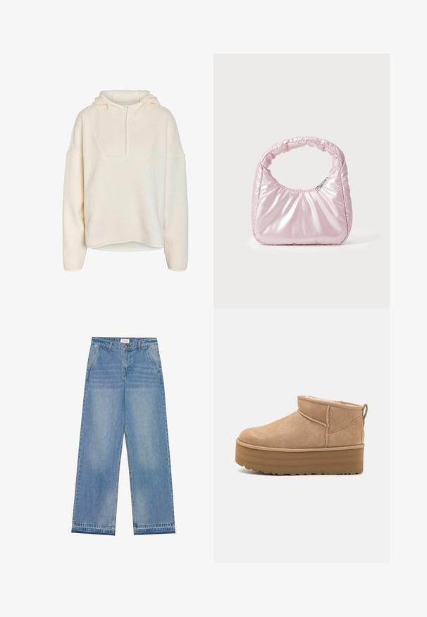 Noisy May NMCOZY L/S HALFWAY ZIP SWEATER JRS NOOS - Fleece trui - eggnog; Lichtblauwe hoge taille wijde jeans met een knoopsluiting, voorzakken, riemlussen en subtiele vervaagde details.; Beige suède enkellaarsjes met een pluche binnenvoering, voorzien van een plateauzool en een trekhaak aan de achterkant voor gemakkelijk aantrekken. Gemêleerde rubberen zool.; Roze, gevoerde handtas met een afgeronde vorm, gemaakt van glanzend materiaal. Beschikt over een geplooide handgreep en een ritssluiting voor veilige toegang.