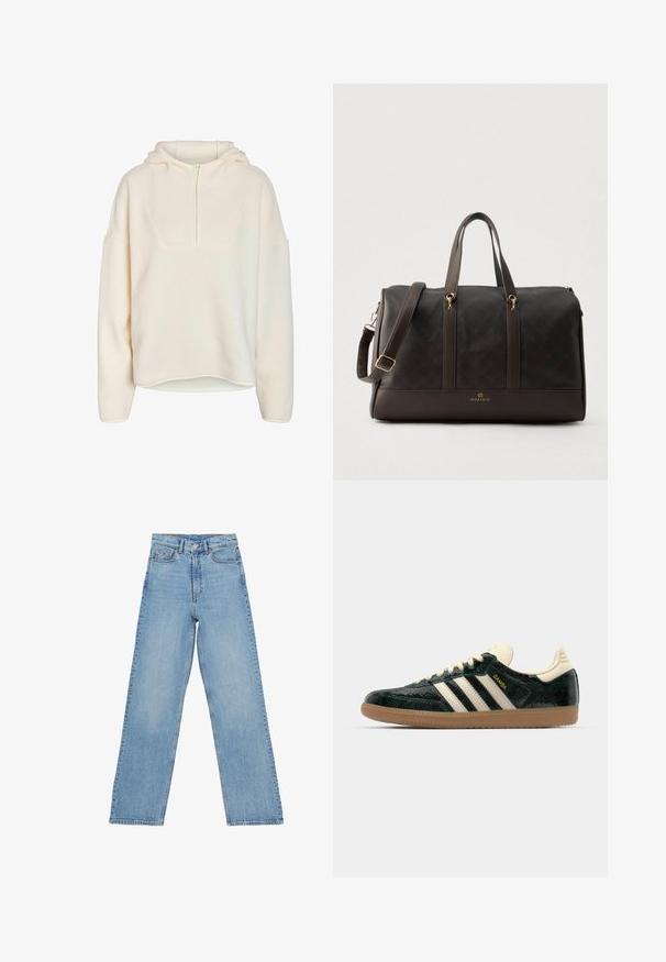 Noisy May Half-Zip Fleece NMCOZY - Suéter de forro polar - eggnog; Jeans de mezclilla azul claro con alta cintura, diseño de pierna recta, que cuentan con cinco bolsillos y cierre de botón. Sin patrones visibles.; adidas Originals SAMBA OG - Zapatillas - cream white/collegiate green; Bolsa de viaje sintética marrón con forma estructurada, detalles metálicos dorados, dos asas superiores y correa de hombro desmontable. Patrón monogramado.