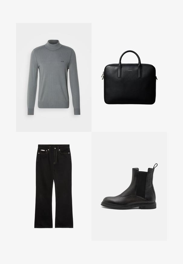 Pull gris avec un col roulé côtelé, des manches longues et un ourlet ajusté. Design minimaliste avec un petit logo noir sur la poitrine.; Jean noir droit avec coutures orange, cinq poches, fermeture par bouton, et une petite étiquette Calvin Klein sur la poche avant droite.; Emporio Armani Bottines - nero; Mallette en cuir noir texturé avec double poignées et tirettes de fermeture éclair argentées, centrée sur fond blanc.