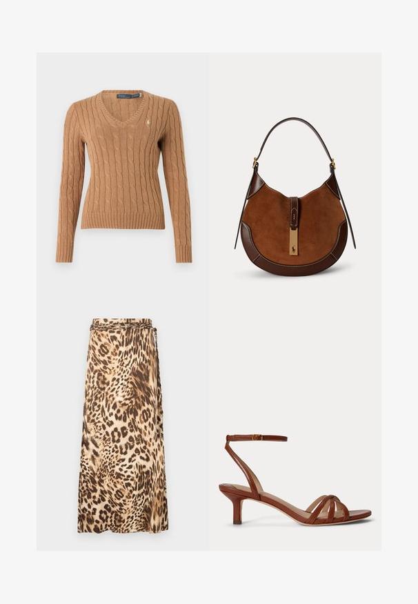 Pull à col en V en maille torsadée marron clair avec manches longues et poignets et ourlet côtelés, arborant un petit logo brodé sur la poitrine.; Jupe maxi fluide imprimée léopard dans des tons beige et marron avec un détail de taille tressé. Tissu doux avec une silhouette drapée.; Sandale à talon en cuir marron avec une fine bride à la cheville et un petit talon kitten sur un fond clair uni.; Sac à main en daim et cuir marron en forme de croissant avec une bandoulière unique et un fermoir doré avec un petit logo cheval et cavalier.