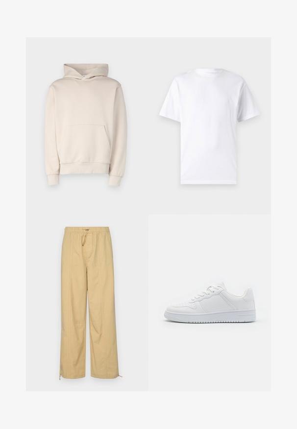 Beige hættetrøje lavet af blødt stof, med en frontlomme, ribbede manchetter og hætte med snøre. Enkel, udekoreret design.; Hvid kortærmet t-shirt lavet af bomuld med rund hals, der har en glat tekstur og et simpelt design uden mønstre eller accenter.; Beige brede benbukser med elastisk talje, snor-detalje og lynlåse ved anklerne. Glat tekstur med subtile vertikale linjer.; Hvide sneakers lavet af glat syntetisk materiale, med flade snørebånd, perforeret tå og en gummisål med et tekstureret grebmønster.