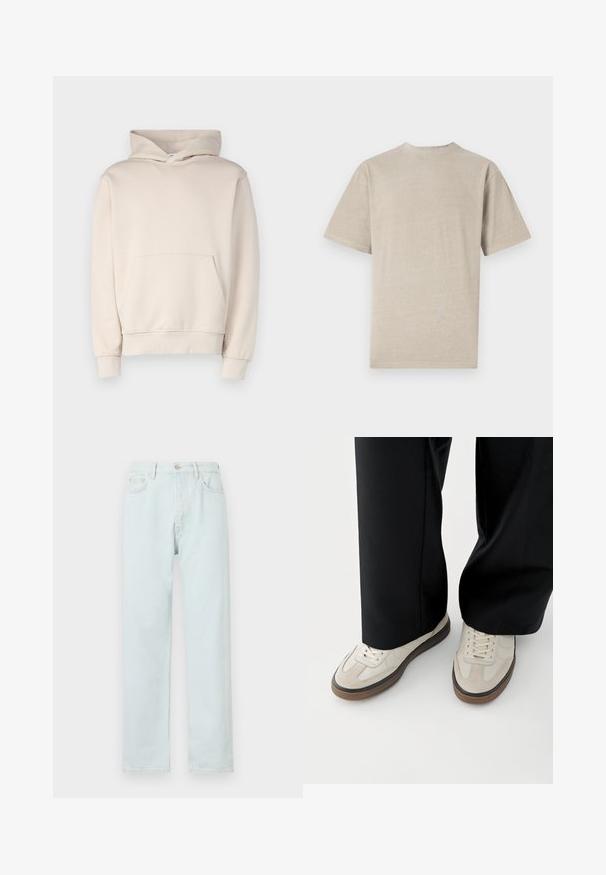 Beige hættetrøje lavet af blødt stof, med en frontlomme, ribbede manchetter og hætte med snøre. Enkel, udekoreret design.; Kortærmet T-shirt i lys beige med rund hals, lavet af blødt stof, med en glat tekstur og et enkelt design uden grafik.; Lyseblå lige bukser lavet af denim, med knaplukning, diskret slid, og fem-lomme design.; Fødder iført beige sneakers med brune såler og sorte bukser med vide ben på hvid baggrund.