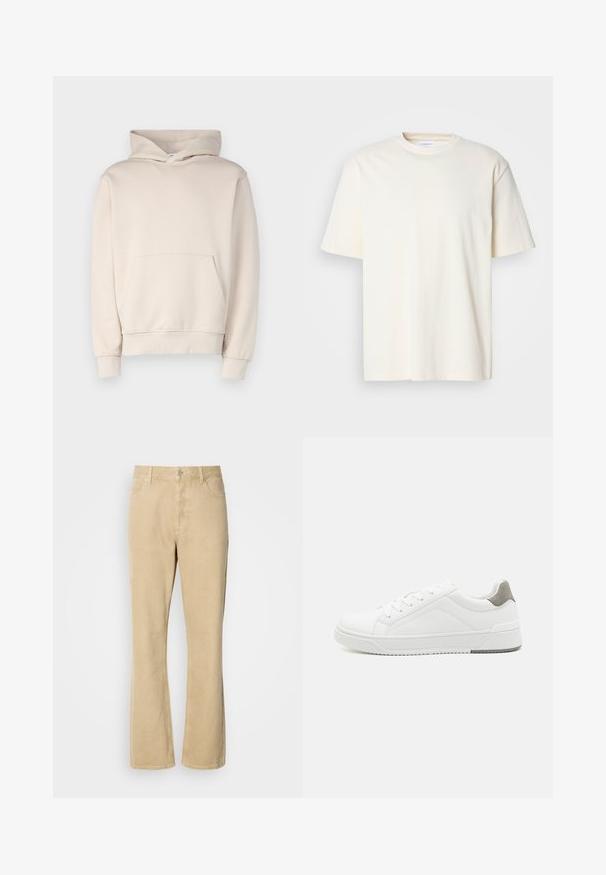 Beige hættetrøje lavet af blødt stof, med en frontlomme, ribbede manchetter og hætte med snøre. Enkel, udekoreret design.; Lys off-white kortærmet T-shirt med rund hals, unisex design, præsenteret på en neutral grå baggrund.; Beige fløjlsbukser med udvidede ben, der har en knap- og lynlås-lukning. Bukserne har fem lommer og synlige sømme langs benene. Blød tekstur.; Hvid sneaker lavet af glat læder, rund tå, minimalistisk design, grå hælafsats og tekstureret gummisål.