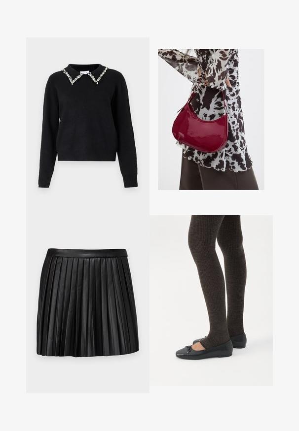 VILA VIPEARL O NECK - Pullover - black; Jupe mini plissée en cuir noir avec une ceinture lisse, présentant des plis verticaux et un design propre et structuré.; Jambes portant des leggings côtelés foncés associés à des ballerines noires avec de petits détails en nœud sur fond blanc.; Femme portant un chemisier à motif noir et blanc tenant un sac à main rouge brillant sur un fond uni.