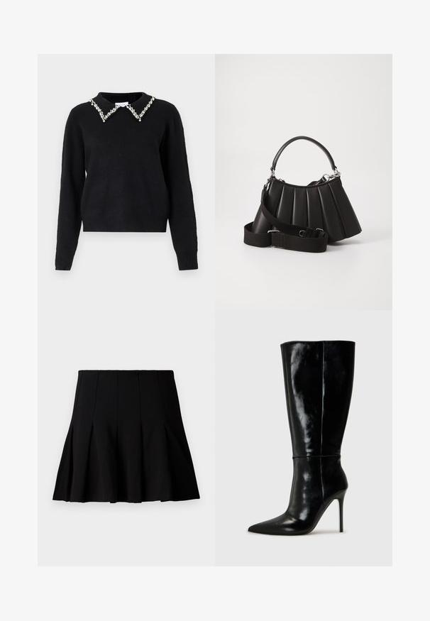 VILA VIPEARL O NECK - Pullover - black; Jupe noire courte plissée en tissu lisse. Dispose d'une taille élastique et d'une silhouette évasée qui s'étend jusqu'au milieu de la cuisse.; Bottes noires en cuir, hautes jusqu'au genou, avec un bout pointu et un talon aiguille haut. Texture lisse et design épuré, avec un minimum de détails.; Sac à main plissé noir avec une poignée arrondie, une bandoulière réglable et une texture brillante. Présente des accessoires en argent et une silhouette structurée.