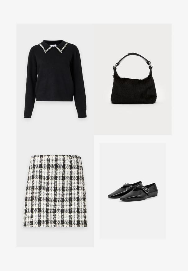 VILA VIPEARL O NECK - Pullover - black; Jupe à carreaux noir et blanc en tissu texturé, dotée d'un design structuré avec une coupe droite et des détails minimalistes.; Paire de chaussures plates en cuir verni noir à bouts pointus avec une bride à boucle sur le dessus, montrée sur un fond clair uni.; Sac à main en fausse fourrure noire avec une texture douce, une forme arrondie et une bandoulière en cuir noir robuste. Accent en métal argenté visible.