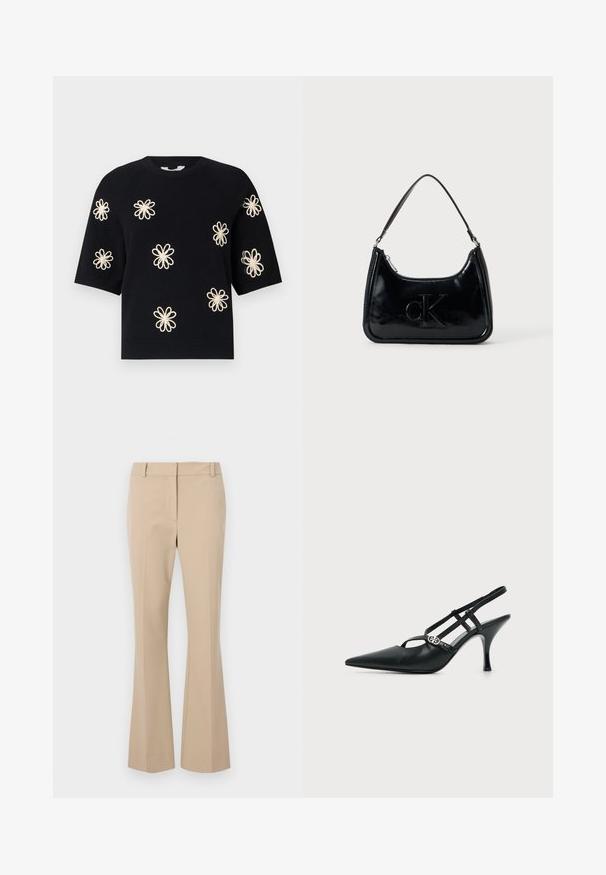 Pull en maille noir à manches courtes avec des motifs de fleurs de couleur crème brodés uniformément sur le devant et uncol en rib et ourlet.; Pantalons beiges ajustés avec une coupe droite, présentant un devant plat, des passants de ceinture et une texture lisse. Pas de poches ni de motifs visibles.; Escarpin slingback en cuir noir à bout pointu avec fines brides et une petite boucle décorative argentée sur le côté.; Sac à main en cuir verni noir avec une anse incurvée, fermeture éclair et logo "cK" embossé sur le devant. Texture lisse, forme structurée.