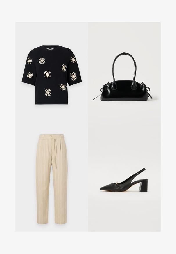 Pull en maille noir à manches courtes avec des motifs de fleurs de couleur crème brodés uniformément sur le devant et uncol en rib et ourlet.; Pantalon beige à rayures avec une coupe décontractée, présentant une taille cintrée, une fermeture à bouton et une ceinture à nouer, fabriqué à partir d'un tissu léger.; Chaussure à talon en cuir noir, modèle slingback avec un bout pointu, une petite bride à l'avant et un talon bloc. Texture lisse avec des détails en accents dorés.; Petit sac à main noir brillant avec deux longues anses et des détails à cordon sur les côtés sur un fond clair uni.