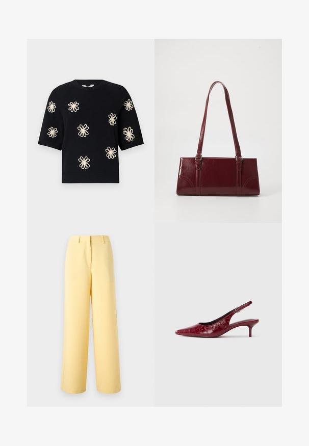 Pull en maille noir à manches courtes avec des motifs de fleurs de couleur crème brodés uniformément sur le devant et uncol en rib et ourlet.; Pantalon jaune taille haute à jambes larges avec passants de ceinture, couture avant et fermeture avant dissimulée sur un fond uni clair.; Escarpin à talon kitten en cuir bourgogne avec texture crocodile, bout pointu, bride ajustable et talon bas sur fond blanc.; Sac à main bordeaux en matériau brillant, de forme rectangulaire, avec deux anses et des accents légèrement courbés à l'avant.