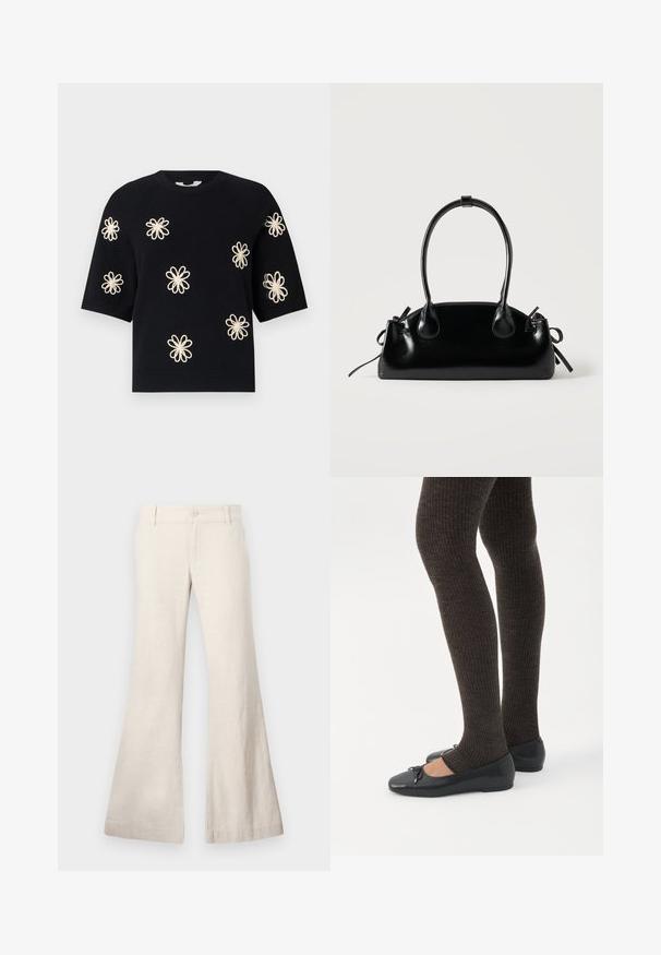 Pull en maille noir à manches courtes avec des motifs de fleurs de couleur crème brodés uniformément sur le devant et uncol en rib et ourlet.; Pantalons beiges évasés en tissu léger composé de lin. Présente une fermeture à bouton à l'avant et des poches latérales. Texture lisse, design décontracté.; Jambes portant des leggings côtelés foncés associés à des ballerines noires avec de petits détails en nœud sur fond blanc.; Petit sac à main noir brillant avec deux longues anses et des détails à cordon sur les côtés sur un fond clair uni.