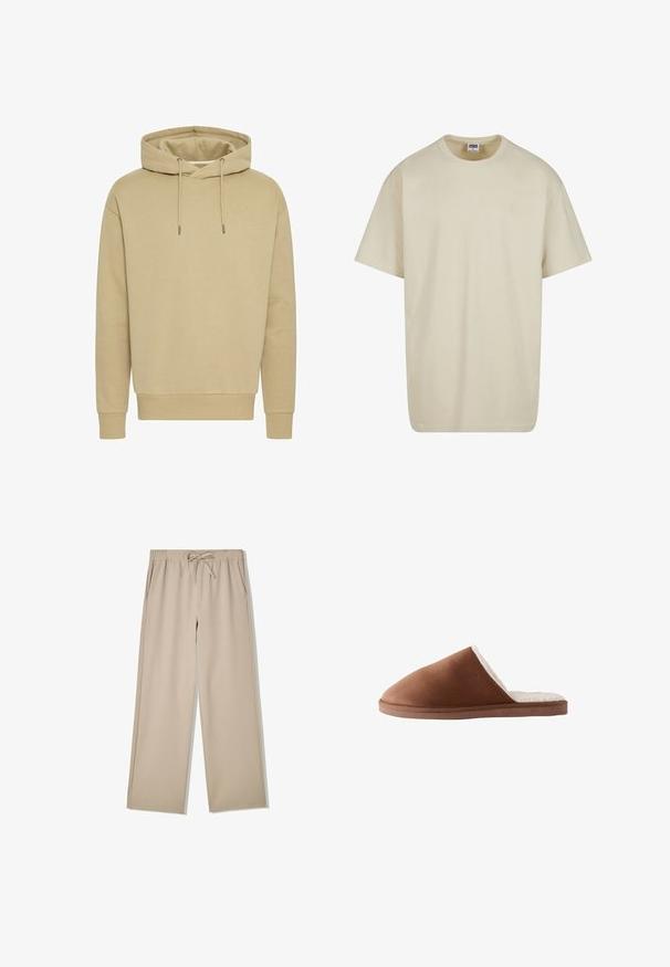 Khaki hættetrøje, blanding af bomuld, ribbede manchetter og kant, justerbare snore, glat tekstur, afslappet pasform, ingen synlige mønstre.; Lysebeige bomulds-T-shirt med korte ærmer, rund halsudskæring og løs pasform. Stoffet fremstår glat uden synlige mønstre eller accenter.; Beige bukser med vidde i benene, elastisk talje og snor, med sidelommer, lagt fladt på hvid baggrund.; Brune ruskindssandal med en blød hvid pelsforing, der har et lukket tådesign og en flad, tekstureret sål.