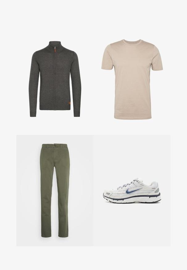 Sudadera gris con cremallera y cuello alto, textura canalé, y un pequeño detalle de cuero en la parte inferior izquierda. Mangas largas y diseño ajustado.; Camiseta de algodón beige, de mangas cortas, cuello redondo, textura suave, diseño sin costuras, tejido ligero, sin logotipos ni patrones visibles.; Pantalones de algodón color verde oliva con un diseño de pierna recta, que cuentan con una cremallera en la bragueta, cierre de botón y bolsillos frontales. Textura suave, sin patrones.; Nike Sportswear P 6000 UNISEX - Zapatillas - phantom/obsidian/summit white/white/black/metallic silver