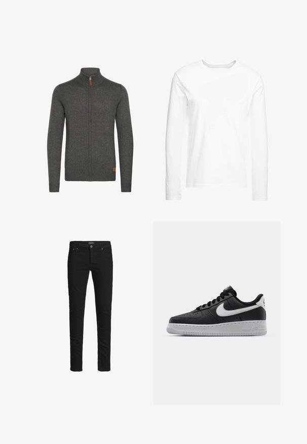 Sweat-shirt zippé gris avec un col haut, texture côtelée, et un petit accent en cuir en bas à gauche. Manches longues et design ajusté.; T-shirt blanc à manches longues en coton doux. Encolure ronde avec des ourlets droits et sans motifs ni graphiques visibles.; Jeans noirs slim-fit avec cinq poches, fermeture à bouton et passants de ceinture, étiquetés Jack & Jones.; Baskets en cuir noir avec surface texturée, swoosh Nike blanc, semelle grise, bout rond et design à lacets. Comprend des perforations sur la boîte à orteils.