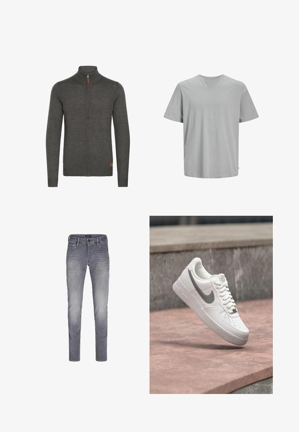 Sudadera gris con cremallera y cuello alto, textura canalé, y un pequeño detalle de cuero en la parte inferior izquierda. Mangas largas y diseño ajustado.; Camiseta de algodón gris con mangas cortas, cuello redondo y un corte relajado. Presenta un color sólido simple sin patrones ni acentos visibles.; Jeans de mezclilla gris claro con corte slim, que cuentan con cinco bolsillos, cierre de botón y un desgastado sutil para dar textura y profundidad.; Zapatilla blanca Nike Air Force 1 con logo swoosh gris flotando sobre una superficie de piedra y un fondo de pared de piedra gris.