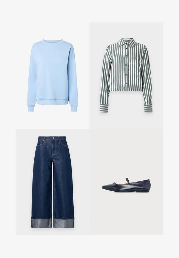 Sweat-shirt bleu clair à manches longues avec col rond, poignets et ourlet côtelés, présenté sur fond blanc.; Chemise à manches longues avec boutons, rayures verticales vertes et blanches, une poche avant sur le côté gauche et un col pointu.; Jean large en denim bleu foncé à taille haute, design à cinq poches, et revers pliés dévoilant le tissu intérieur plus clair.; Chaussure plate en cuir bleu marine avec bout pointu et une fine bride sur le dessus du pied, vue de côté sur fond blanc.