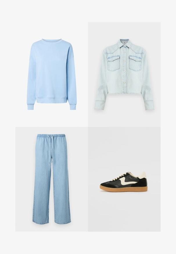 Sweat-shirt bleu clair à manches longues avec col rond, poignets et ourlet côtelés, présenté sur fond blanc.; Veste en jean bleu clair à manches longues, fermeture avant à boutons pression, deux poches poitrine à rabat et col pointu.; Pantalon en denim bleu clair à jambes larges avec taille élastique et détail de cordon de serrage à l'avant, sur fond blanc.; Baskets en daim et cuir noir avec un swoosh latéral crème et un talon crème clair. Dotées de lacets beige et d'une semelle en caoutchouc gomme.