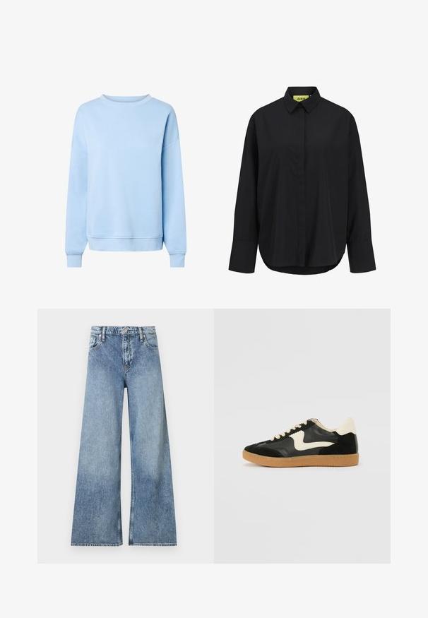 Sweat-shirt bleu clair à manches longues avec col rond, poignets et ourlet côtelés, présenté sur fond blanc.; Chemise noire à manches longues, boutonnée avec patte cachée et col classique, ourlet légèrement arrondi et larges poignets.; Jean denim bleu clair à jambes larges avec poches avant, passants pour ceinture, fermeture à bouton et détails délavés.; Baskets en daim et cuir noir avec un swoosh latéral crème et un talon crème clair. Dotées de lacets beige et d'une semelle en caoutchouc gomme.