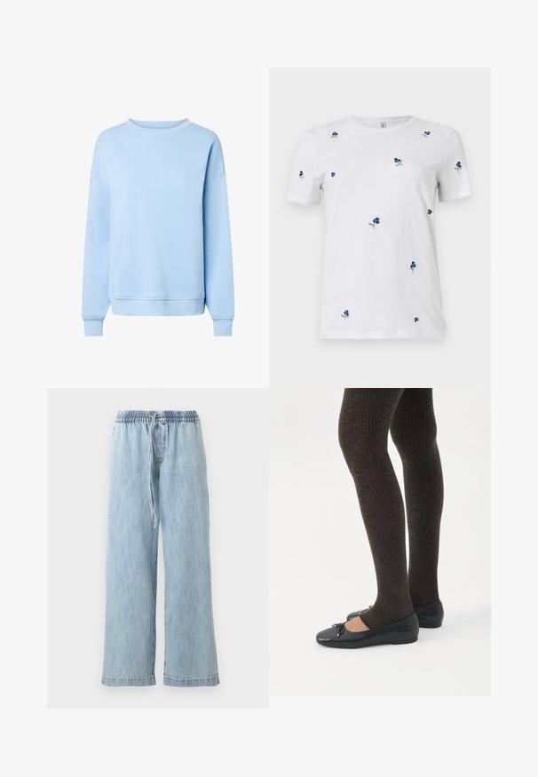 Sweat-shirt bleu clair à manches longues avec col rond, poignets et ourlet côtelés, présenté sur fond blanc.; T-shirt blanc à manches courtes avec une petite broderie dispersée de fleurs bleues et de tiges vertes, col rond, fond uni.; Pantalon large en denim bleu clair avec taille élastique et cordon de serrage, poches avant et coupe décontractée.; Jambes portant des leggings côtelés foncés associés à des ballerines noires avec de petits détails en nœud sur fond blanc.
