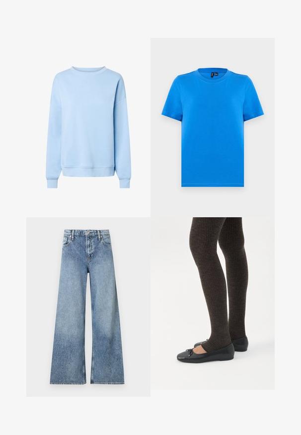 Sweat-shirt bleu clair à manches longues avec col rond, poignets et ourlet côtelés, présenté sur fond blanc.; T-shirt bleu uni à manches courtes avec col rond et coutures visibles au col, présenté à plat sur un fond gris clair.; Jean denim bleu clair à jambes larges avec poches avant, passants pour ceinture, fermeture à bouton et détails délavés.; Jambes portant des leggings côtelés foncés associés à des ballerines noires avec de petits détails en nœud sur fond blanc.