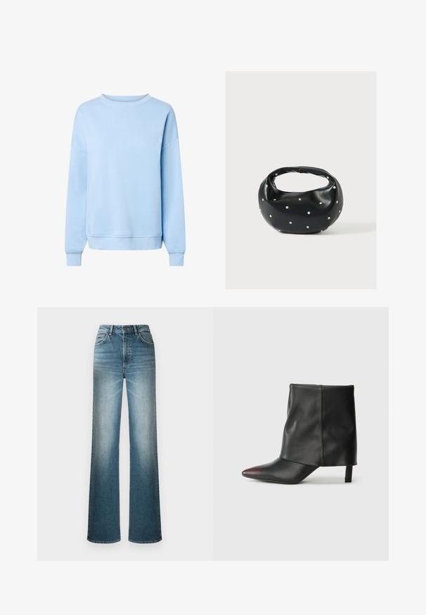 Sweat-shirt bleu clair à manches longues avec col rond, poignets et ourlet côtelés, présenté sur fond blanc.; Jean large bleu clair en denim. Présente une taille haute, un design à cinq poches et un effet délavé du haut vers le bas.; Bottine noire en cuir lisse avec un bout pointu et un talon effilé. La tige présente un design légèrement froncé.; Sac à main en cuir noir de forme arrondie, décoré de clous argentés et équipé d'une poignée courte. Texture lisse et fermeture éclair.